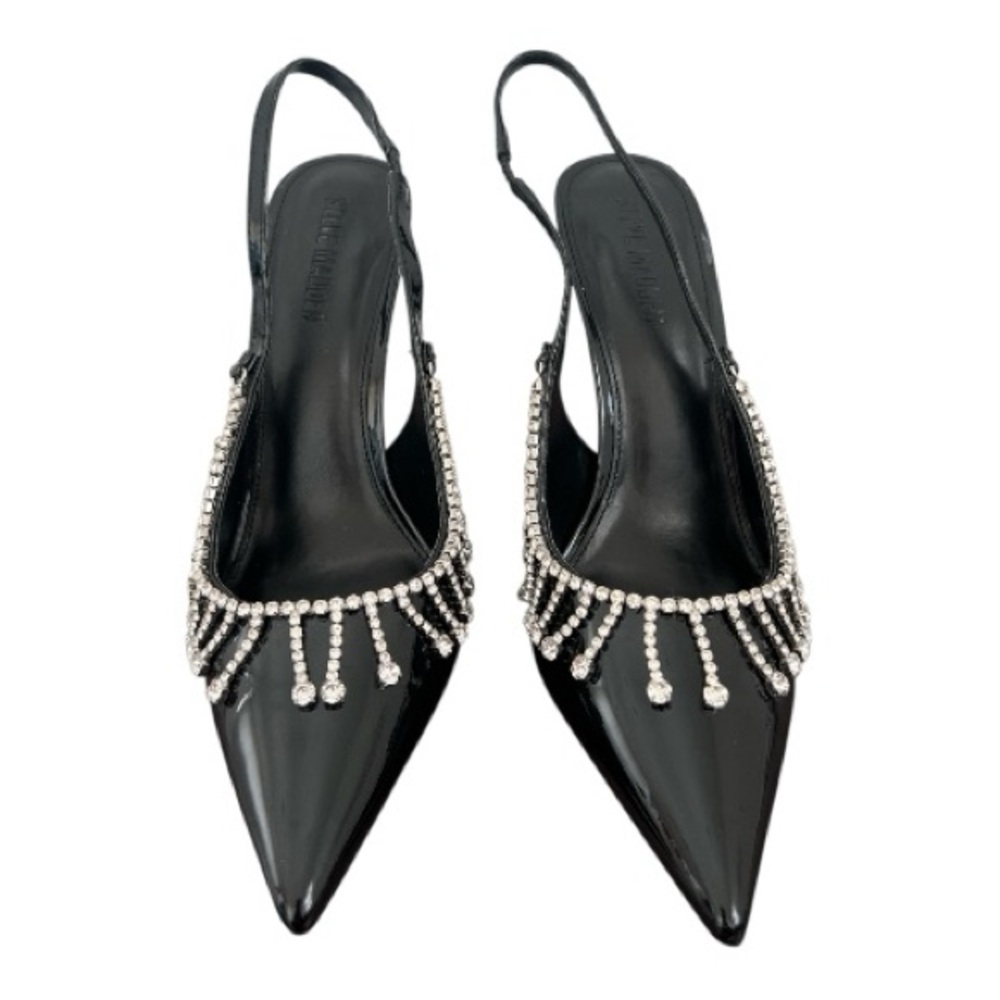 Steve Madden Black Patent Slingback Heels Rhinestone Fringe Pointed Toe Size 10